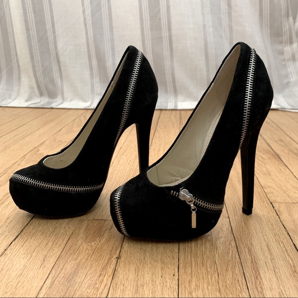 Black Suede Zipper Platform Pumps Heels sz 5